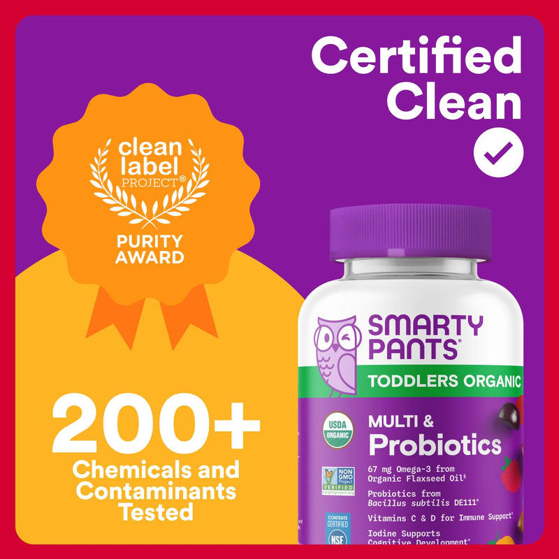 SmartyPants Organic Toddler Multivitamin Gummies: Probiotics,Omega 3 (ALA),Vitamin D3,C,Vitamin B12,B6,A,K&Zinc,Beta Carotene,Gluten Free,Three Fruit Flavors, (30 Day Supply),60 Count (Pack of 2) 60 Count (Pack of 2) Organic + Probiotics