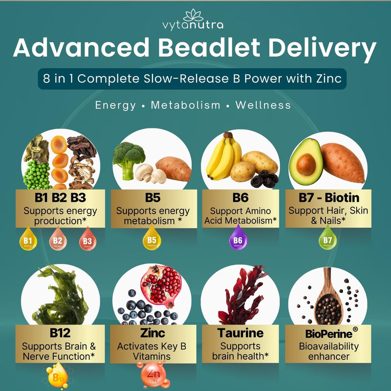 Plus B 11-in-1 Beadlet Capsule – Complete B-Complex with B1, B2, B3, B5, B6, B7, B9, B12 – Timed Release for Energy, Vitality, Brain, Heart, Immune, Mood, & Overall Wellness