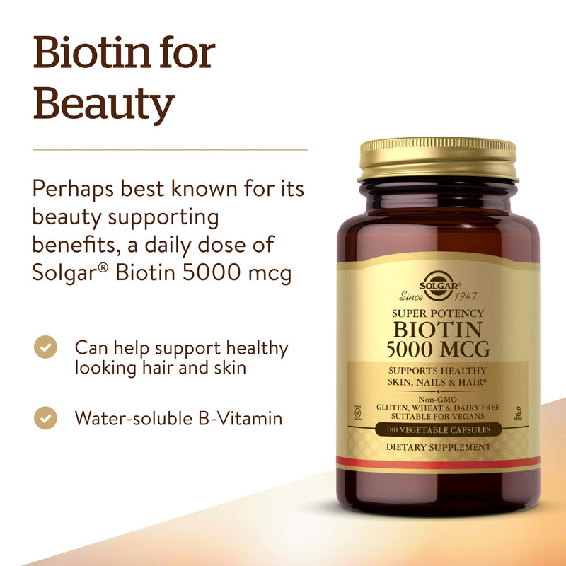 Solgar Biotin 5000 mcg- Supports Healthy Skin, Nails & Hair- 180 Count | Supports Energy Production & Metabolism - Vitaim B - Non-GMO, Vegan, Gluten Free 180 Count (Pack of 1)
