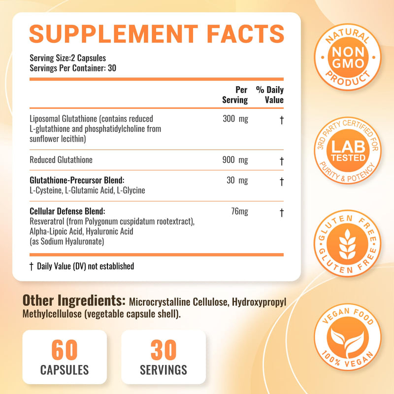 Liposomal Glutathione Supplement 1200mg, Antioxidant Blend, 120 Capsules | Cell Defense Blend:resveratrol, hyaluronic acid, alpha-lipoic acid, Liver Health, Immune Support, Non-GMO, Gluten Free, Vegan 60 Count (Pack of 2)