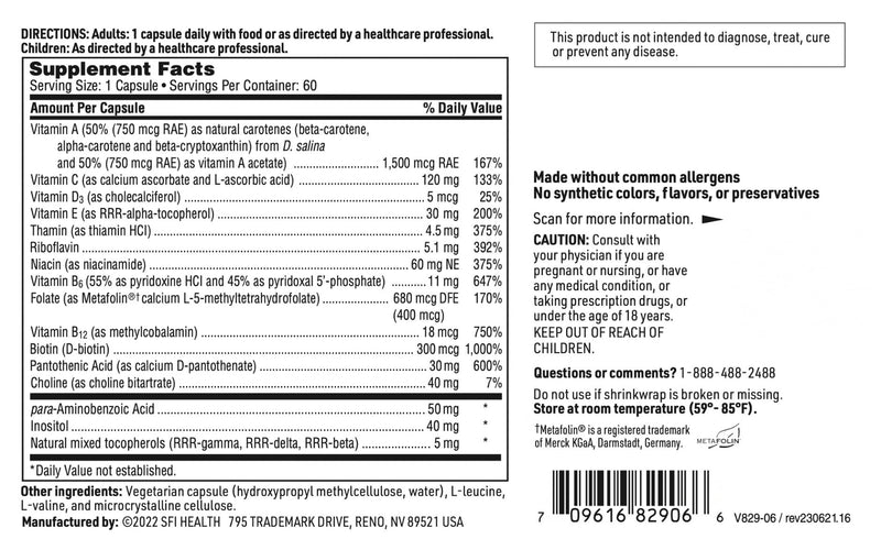 SFI Health Klaire Labs Multi-Vitamin Complex, 60 Capsules | Hypoallergenic Once-Daily Mineral-Free Multivitamin with Metafolin Folate, Vitamin B6 & B12