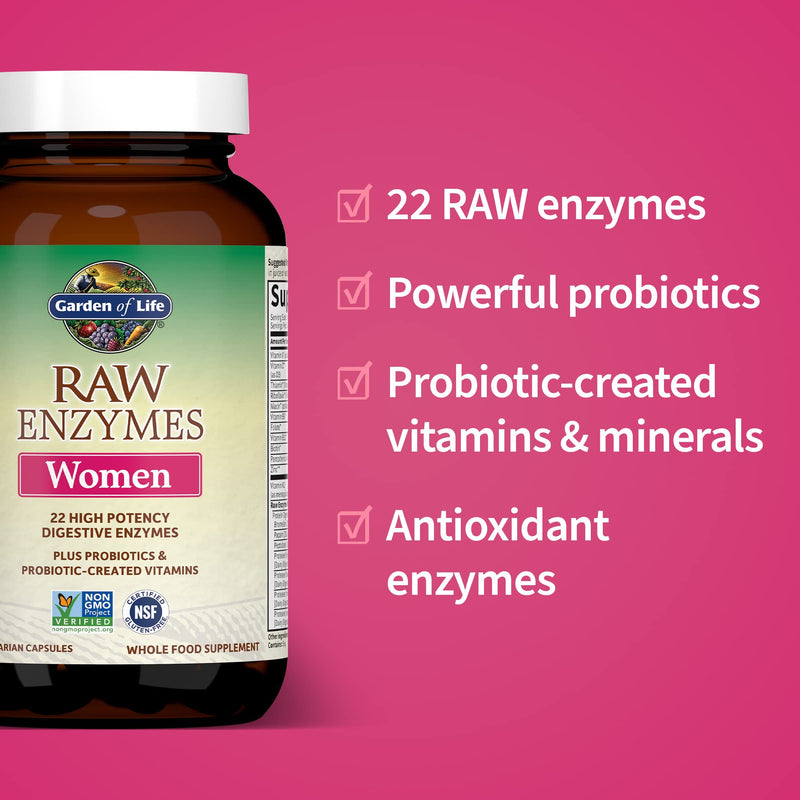 Garden of Life 22 Digestive Enzymes for Women with Bromelain, Papain, Lipase & Lactase plus Probiotics & Vitamins B12, Biotin & Zinc – RAW Enzymes – Non-GMO, Gluten-Free, Vegetarian, 90 capsules