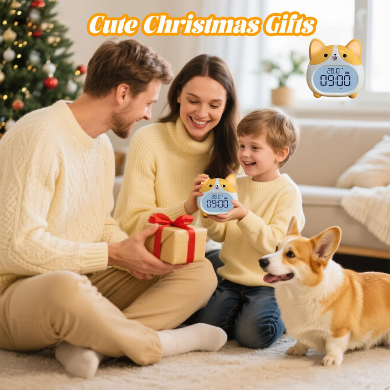 AVEKI Alarm Clocks for Kids - Cute Dog Clock with Night Light, 6 Alarm Tones, Snooze, Timer, Date and Temperature Display - Rechargeable Battery Operated Digital Clocks for Bedroom Kids Room (Corgi) Corgi