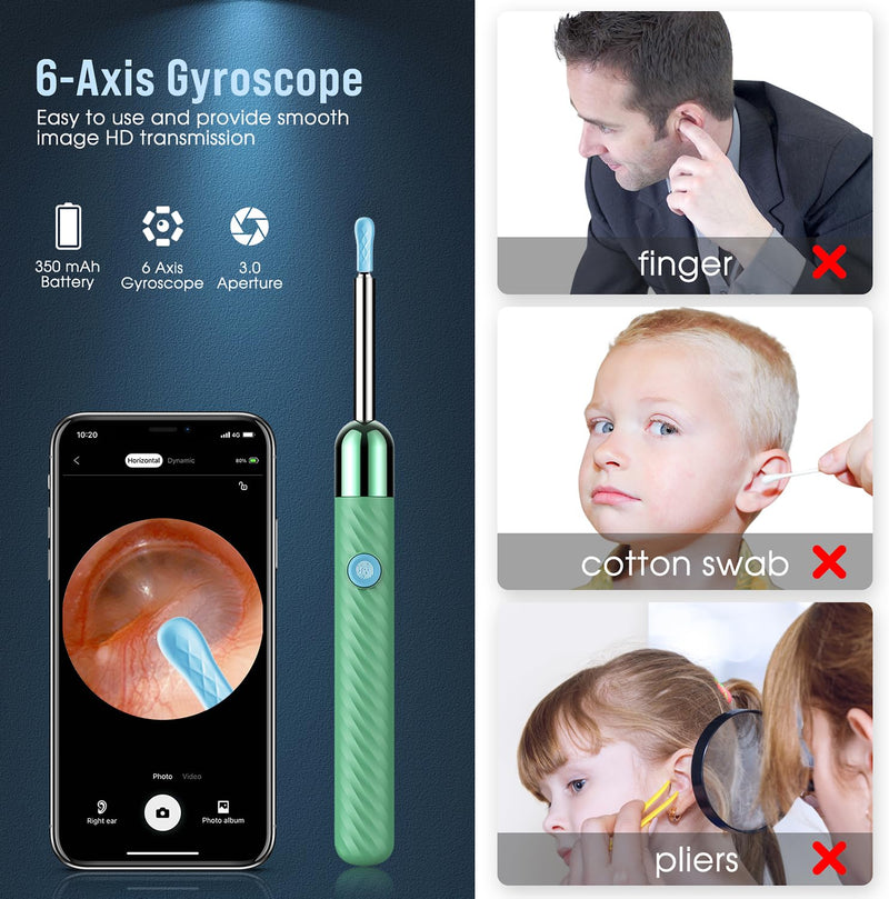 LEIPUT Ear Wax Removal - Earwax Remover Tool with 8 Pcs Ear Set - Ear Canal Cleaner with 1080P Camera - Ear Cleaning Kit with 6 Ear Spoon - Ear Camera for iOS & Android (Green) Green - BeesActive Australia