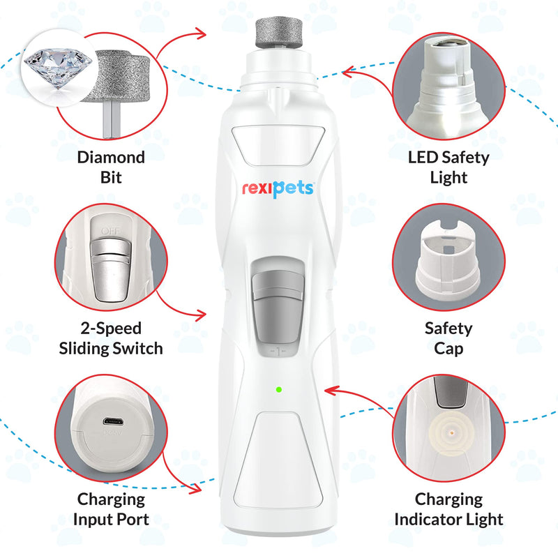 REXIPETS Cat and Dog Nail Grinder - Rechargeable Electric Pet Nail Clipper & Trimmer- Painless Paws Grooming - Quiet 2-Speed Motor. 3 Size Ports for Small, Medium, Large Pets- Up to 4 Hours of Charge - BeesActive Australia
