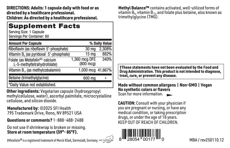Klaire Labs SFI Health Methyl Balance, 60 Capsules | Support Healthy Energy Levels, Activated Vitamin B + Trimethyglycine Supplement, Metafolin Methyl Folate, Betaine TMG