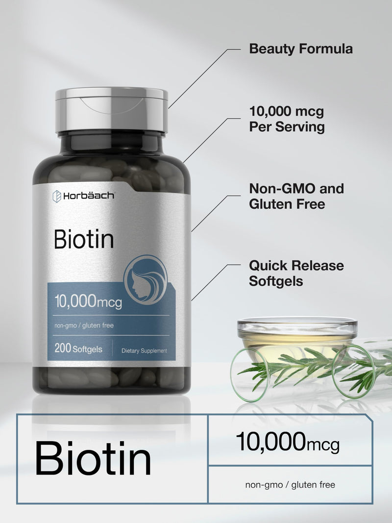 Horbäach Biotin 10000 mcg | 200 Softgels with Vitamin B7 | Beauty Formula Supplement | Non-GMO & Gluten Free
