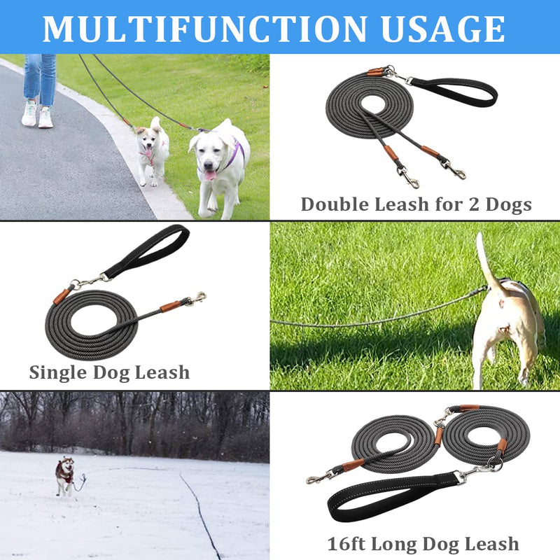 8 FT Double Dog Leash, 2 Way Mulitiple Dog Leash Detachable No Tangle with Soft Padded Handle, 1/4" Rope Dual Dog Leash for 2 Dogs Outdoor Walking (Black Grey) 8ft* 1/4" black grey - BeesActive Australia
