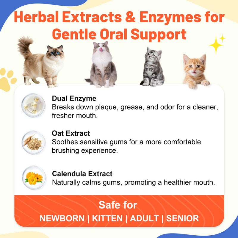 Cat Toothbrush and Toothpaste Kit - Salmon Flavor Enzymatic Cat Toothpaste for Plaque & Tartar Control - Includes a Long Handle Brush & a Soft Silicone Finger Brush for Felines, 1.06 oz