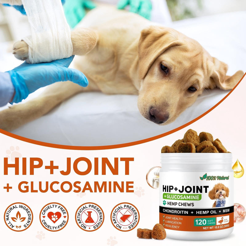 Joint Supplements For Dogs, Dog Joint Care Chews - 120 Pcs Tablets to Reduce Stiffness & Improve Mobility, with Glucosamine & Chondroitin, MSM, Lipid Mussels Joint Care Chews - Duck Flavoured