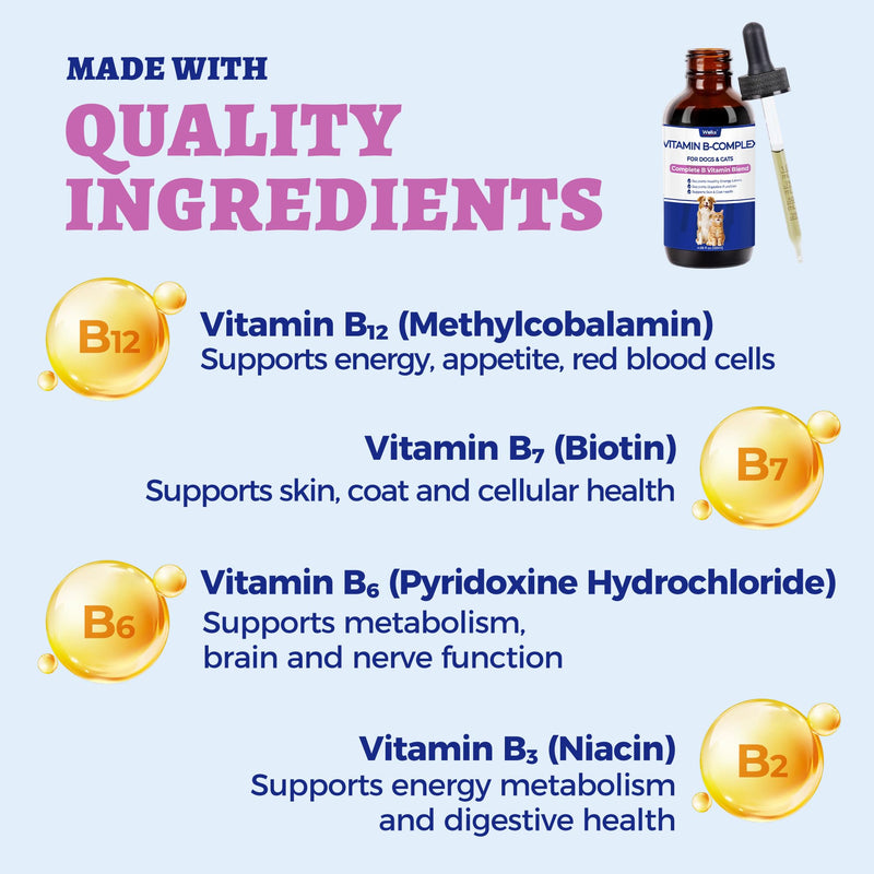 Wellix 4.06 fl oz Vitamin B Complex Drops with Taurine for Dogs and Cats | Vitamin B Complex (B3, B1, B12, B5, B2, etc.) for Dogs and Cats, Appetite Stimulant, Energy Support & Healthy Skin