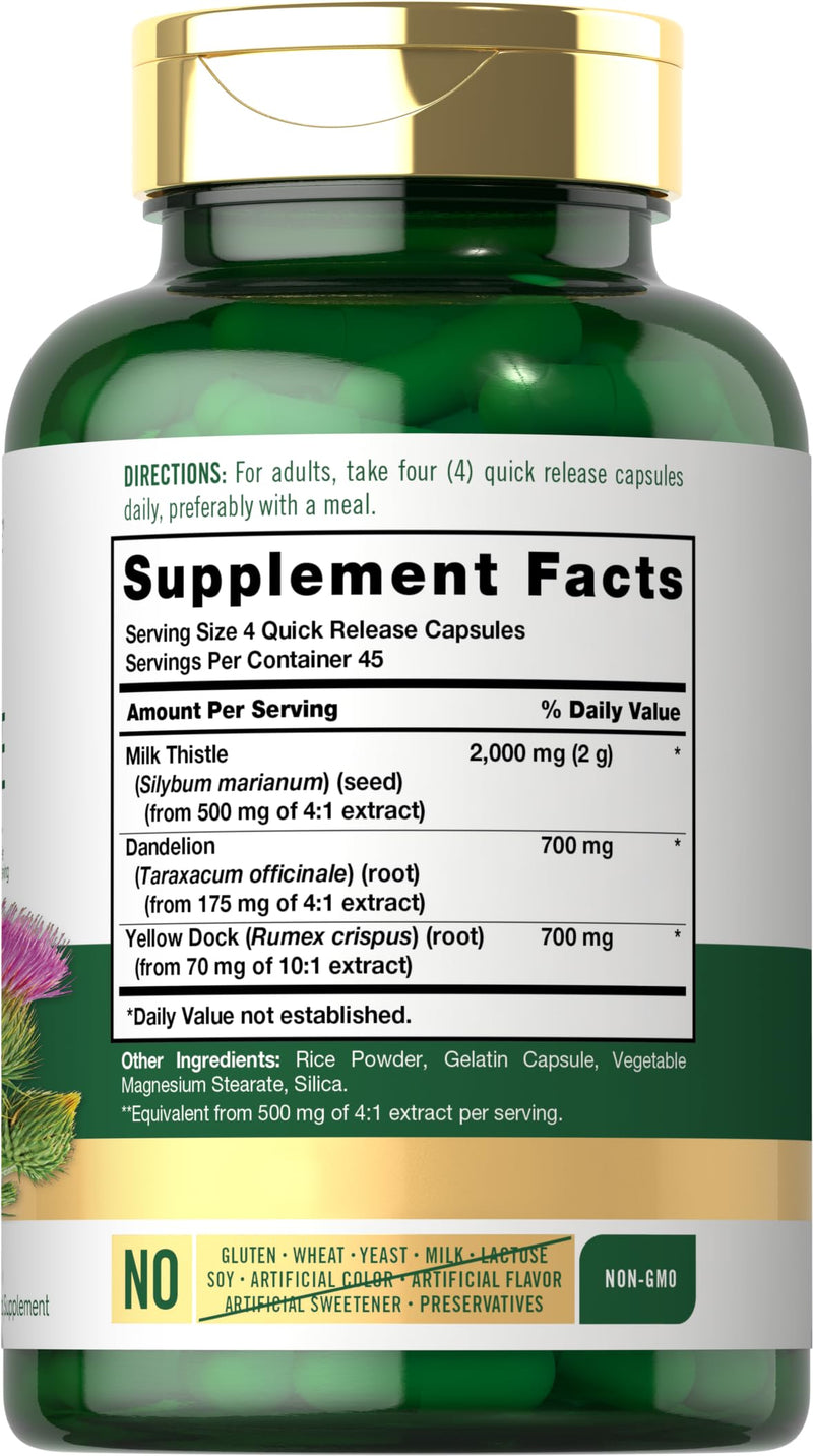 Carlyle Milk Thistle 2000mg | 180 Capsules | with Dandelion & Yellow Dock | Non-GMO, Gluten Free