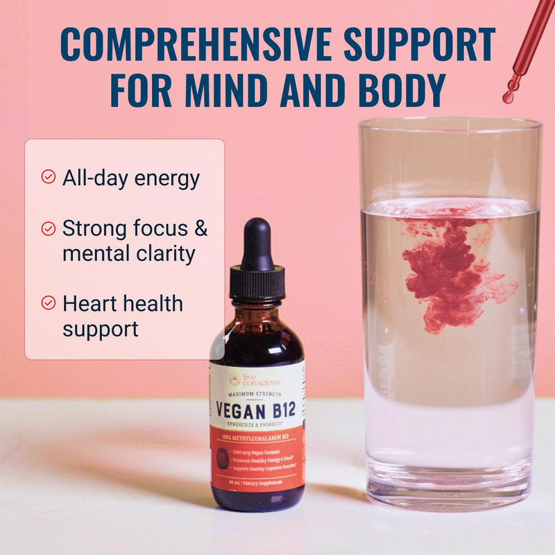 Live Conscious Vegan Vitamin B12 Sublingual Liquid Drops | Methylcobalamin Max Strength B12 5000mcg Formula | Vegan B 12 Vitamin Support Energy | Promote Memory & Aid Immune System | 60 Serving 2 Fl Oz (Pack of 1)
