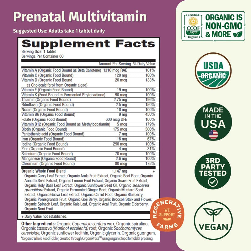 Prenatal Organic Multivitamin, Methylated B12, Iron 60ct 1 Count (Pack of 60)