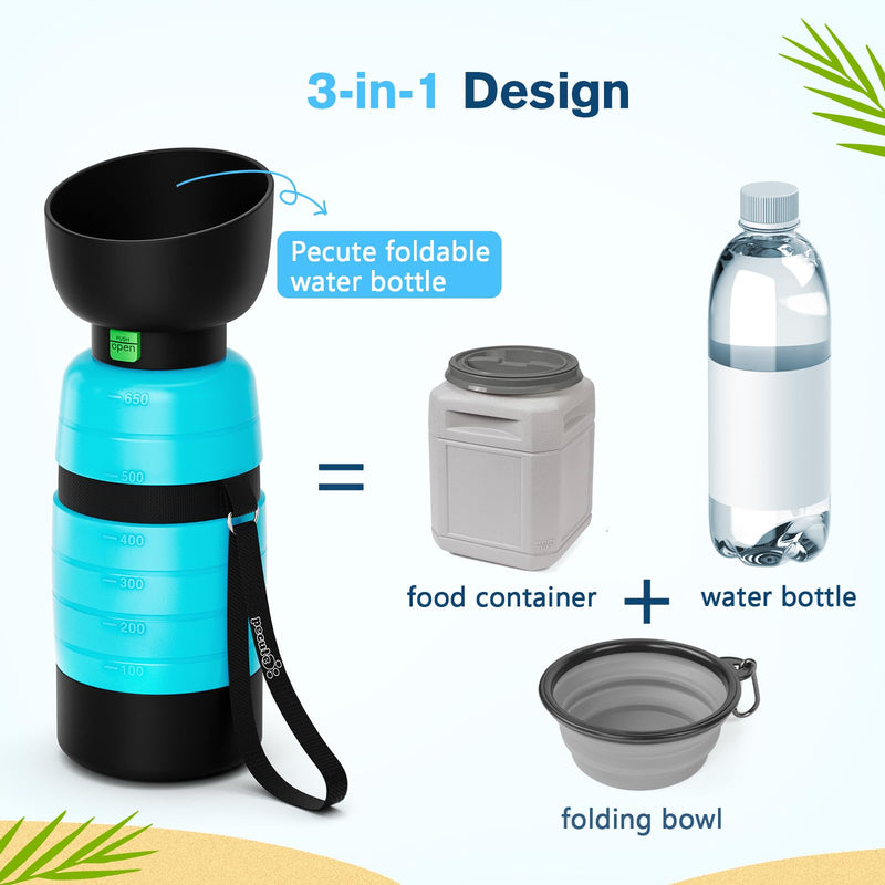 Pecute Upgraded 22 oz Dog Water Bottle with 5 oz Food Container, Portable Dog Travel Water Bottle Dispenser, Leakproof, BPA Free, Lightweight, Pet Water Bottle Bowl for Outdoor Walking Hiking Camping 22 oz + 5 oz Blue - BeesActive Australia