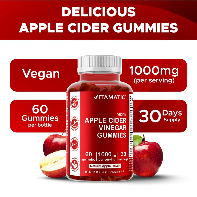 Vitamatic Apple Cider Vinegar Gummies 1000 mg Per Serving, 60 Vegan Gummies | Pectin Based, Support Weight Loss*, Energy Boost*, Digestion & Gut health*, Gluten Free, Non GMO 60 Count (Pack of 1)