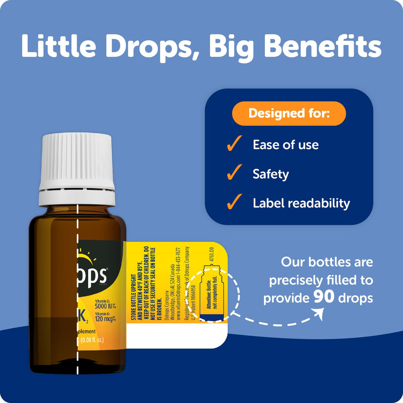 Ddrops Extra Strength 5000 IU Vitamin D3 + K2 90 Drops - Liquid Vitamin D3 & K2 (MK7) Supplement. Supporting Strong Bones, Immune System and Cardiovascular Health. 0.06 Fl Oz (Pack of 1)