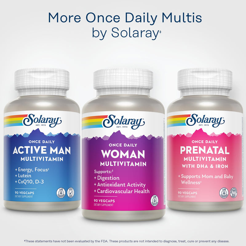 SOLARAY Once Daily Woman Multivitamin with Iron, 90 VegCaps | Women's Energy, Red Blood Cell & Immune Support - Hair, Skin, Nails & Digestive Enzymes - 90 Servings - Lab Verified Unflavored 90 Count (Pack of 1)