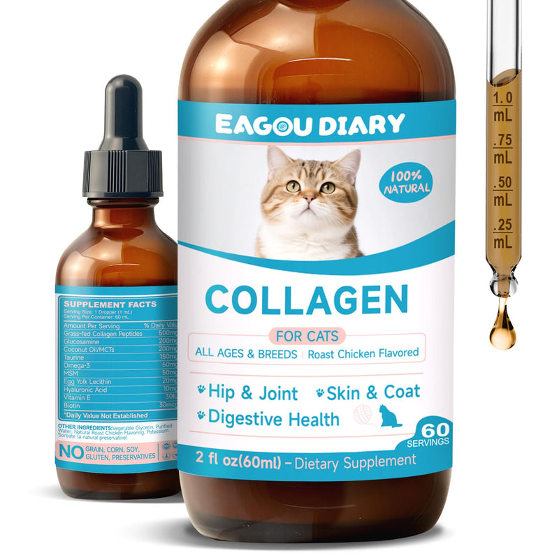 Collagen for Cats - Skin Coat & Hip Joint Supplement + L-Lysine for Cats, Cat Lysine Drops, Immune Support Supplement