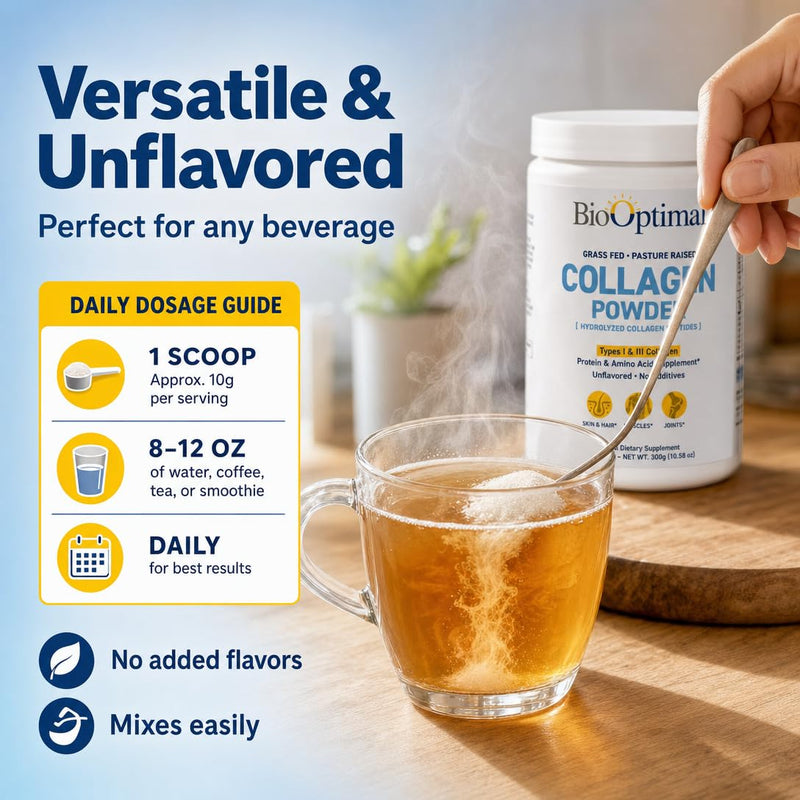 BioOptimal Grass-Fed Hydrolyzed Collagen Powder, Unflavored, Skin & Joints | Hydrolyzed Type I & III; 10g per scoop; 30 servings; non-GMO; gluten-free; no sugar or preservatives; GMP certified