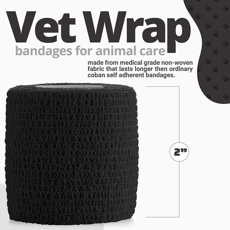 Vet Wrap - (Pack of 24-2 inch x 5 yard Rolls) Self Adherent Wrap Cohesive Compression Bandage and Medical Gauze Bandage Roll Tape for Dogs, Cats, Horses, Black 24 Count (Pack of 1)