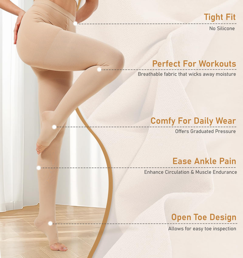 NURCOM 20-30 mmHg Compression Pantyhose for Women & Men, Open Toe Medical Compression Stockings, Waist High Opaque Compression Tights, Graduated Support for Edema, Varicose Veins, Swelling, Pregnant X-Large 20-30mmhg Open Toe Beige