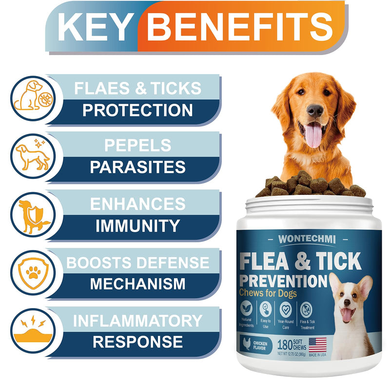 Flea and Tick Prevention for Dogs Chewables, 180 Chews Natural Chews Supplement for Dogs, Oral Dog Flea and Tick Treatment for All Breeds and Ages (180 Chews, Chicken)