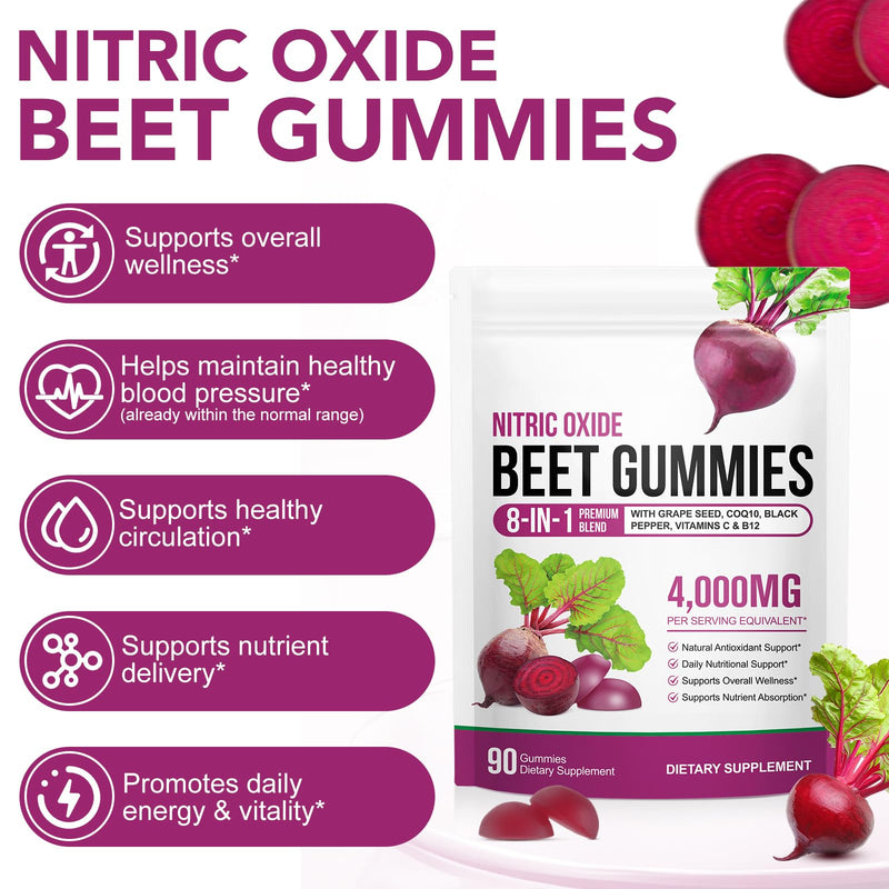 90 Chews Beet Root Gummies, Sugar Free | 8 in 1 Beet Root Extract with CoQ10, Grapeseed Extract 90 Chews for Antioxidant, Promoting Nitric Oxide, Energy Level Suport, with Vitamin B12, C 90 Count (Pack of 1)
