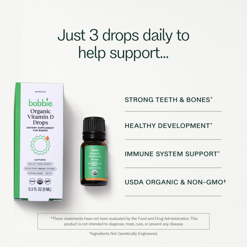 Bobbie Organic Baby Vitamin D Drops, Immune Health, 400 IU, 0.3 fl oz | Daily Liquid Supplement, Supports Development, Strong Teeth & Bones* in Newborn Babies and Infants, Vegan