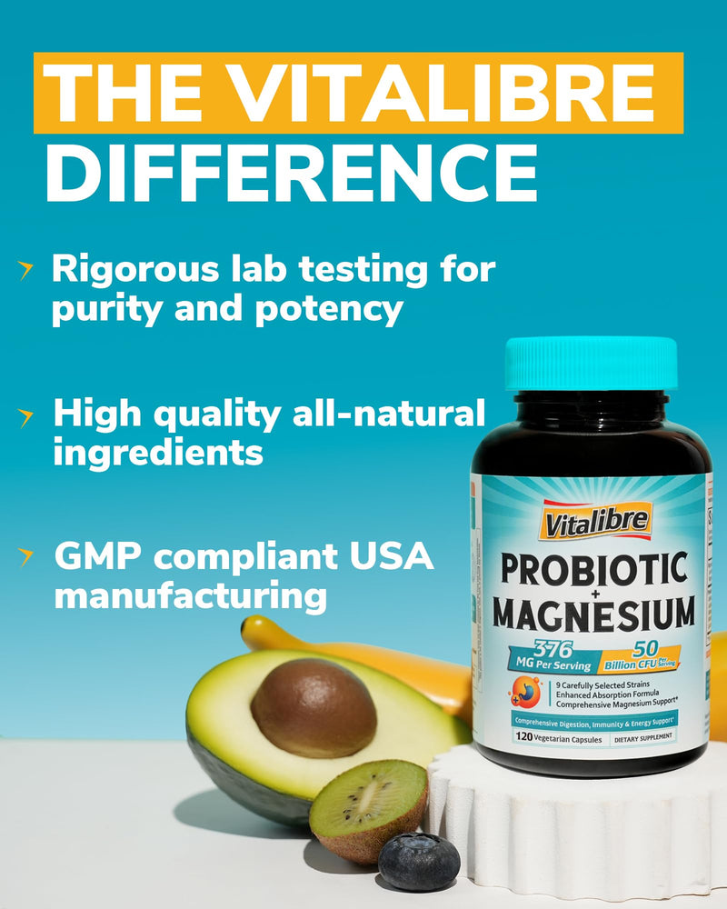 Vitalibre Probiotic with Magnesium Complex for Women Men, 50 Billion CFU, 9 Strains, Magnesium Glycinate Citrate Malate for Digestion, Immunity, Bone, Energy & Recovery, 120 Vegan Capsules, Non-GMO Unflavored 120 Count (Pack of 1)