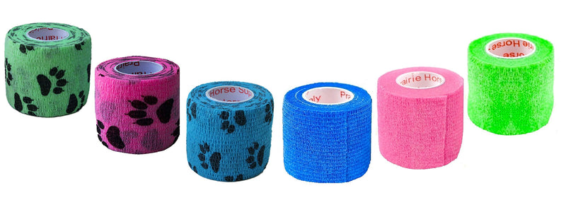 2 Inch Vet Wrap Tape Bulk (Blue, Neon Green, Neon Pink, and Black Paw Prints on Blue, Neon Green, Neon Pink) (Pack of 6) Self Adhesive Adherent Adhering Flex Bandage Grip Roll for Dog Cat Pet 6 Rolls Assorted 2 - BeesActive Australia