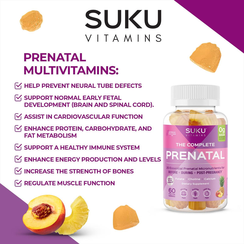 SUKU Prenatal Multivitamin Gummies – Folate, Calcium, Vitamin D3, B12, K2 – Sugar-Free, Vegetarian, Gluten-Free Pregnancy Support – Pineapple Peach Flavor – 60 Count