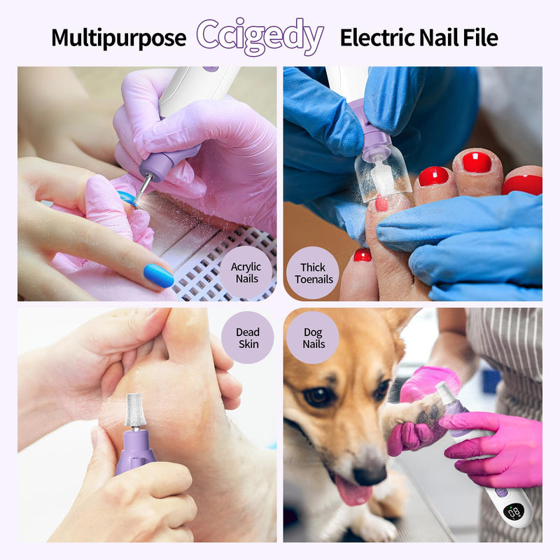 Professional Manicure Pedicure Kit, Cordless Electric Nail File with LCD & Lamp, Rechargeable Toenail Grinder for Thick Toenails, Portable Nail Dremel Tools for Women & Men Baby Pets White Purple - BeesActive Australia