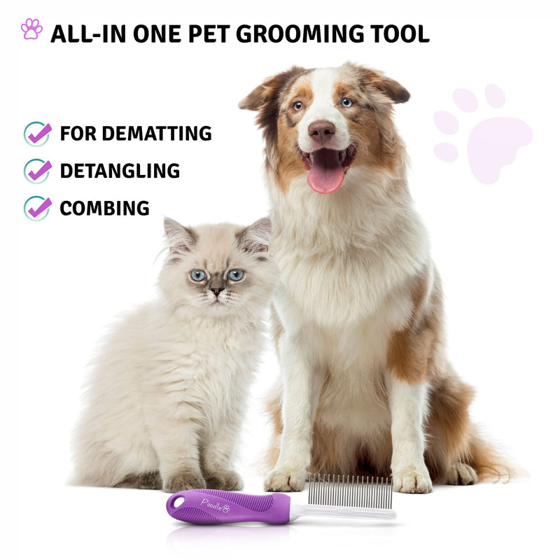 Poodle Pet Detangling Pet Comb with Long & Short Stainless Steel Teeth for Removing Matted Fur, Knots & Tangles – Detangler Tool Accessories for Safe & Gentle DIY Dog & Cat Grooming Purple - BeesActive Australia