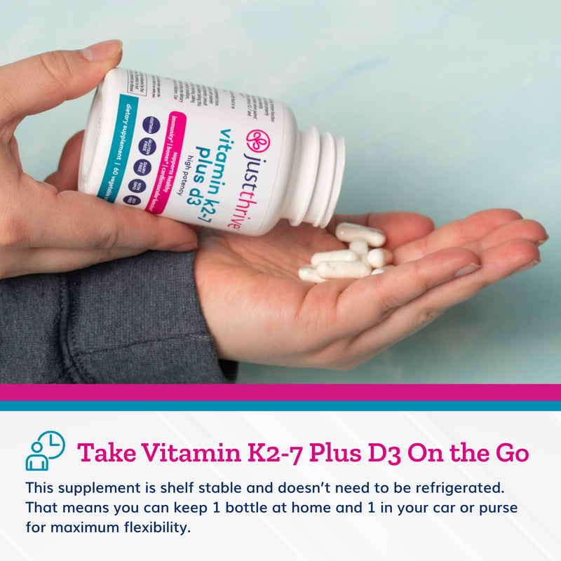 Just Thrive Vitamin K2-7 Plus D3 Supplement for Immune, Heart & Bone Health | 60 vegetable capsules, Vitamin K2-7 plus D3, Supports immune health, cardiovascular wellness, strong bones and daily vitality