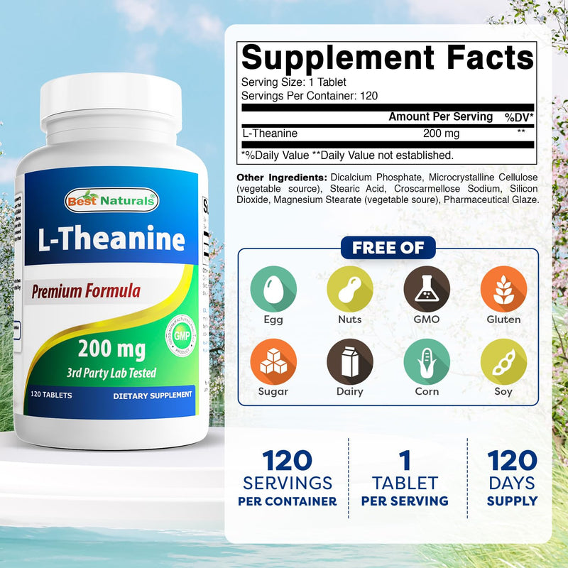 Best Naturals L-Theanine 200mg per Tablet (400mg per 2 Tablets) - Promotes Relaxation Without Drowsiness - 120 Vegetarian Tablets - (120 Count (Pack of 3))