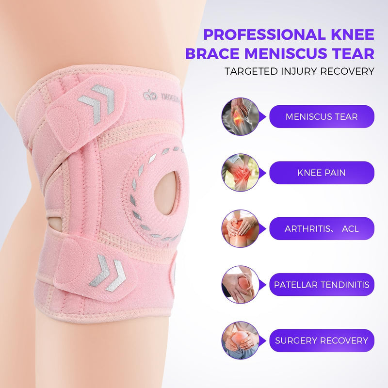 Knee Support Brace for Women Men, Adjustable Knee Compression Sleeve Brace Patellar Pad Tendon - Arthritis Pain, Meniscus Tear, Injury Recovery, Running, Workout, Neoprene Knee Braces with Stabilizers and Open Patella, Pink One Size - BeesActive Australia