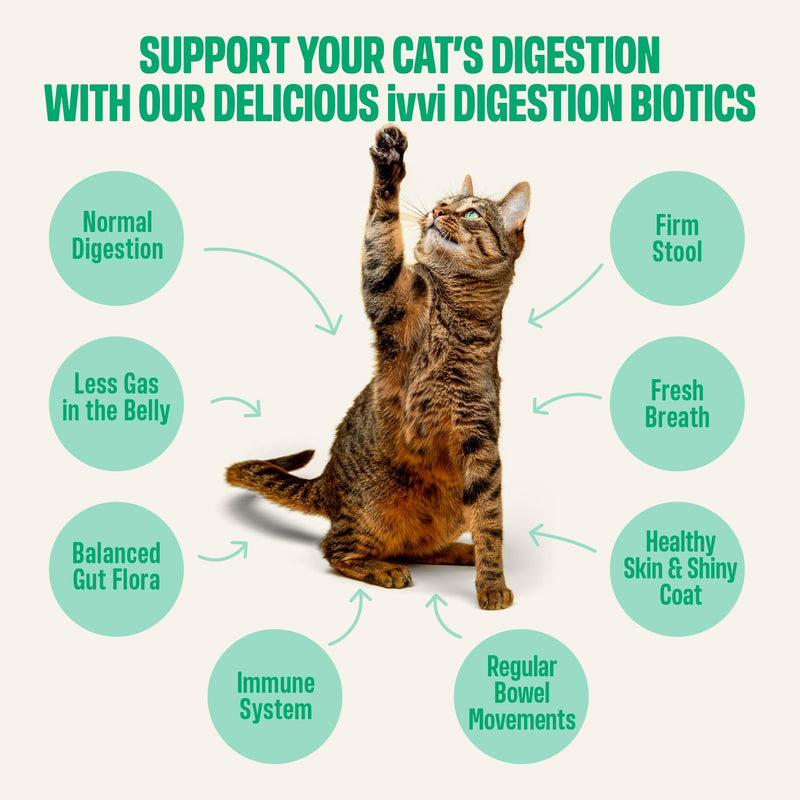 ivvi Digestion Biotics for Cats, Creamy Lickable Cat Treats with Real Tuna, Pumpkin, Flaxseed & Prebiotic FOS, Daily Digestive Support, Heat-Treated Probiotic Components, 30 Pouches, 15g Each