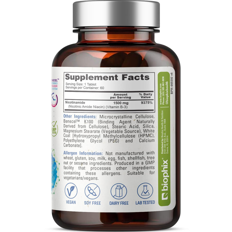 biophix B-3 Nicotinamide 1500 mg 60 Tablets Maximum Strength - Nicotinic Amide Niacin Natural Flush-Free Vitamin Formula - Supports Skin Cell Health