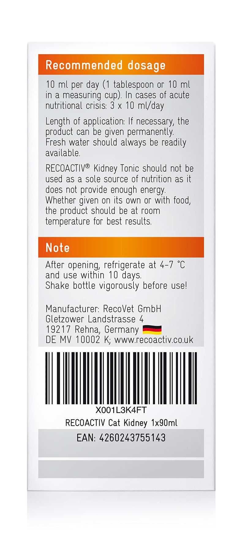 RECOACTIV Kidney Tonic for cats, 1 x 90 ml, dietary food supplement for recovery from early signs of renal dysfunction in cats, and for prevention