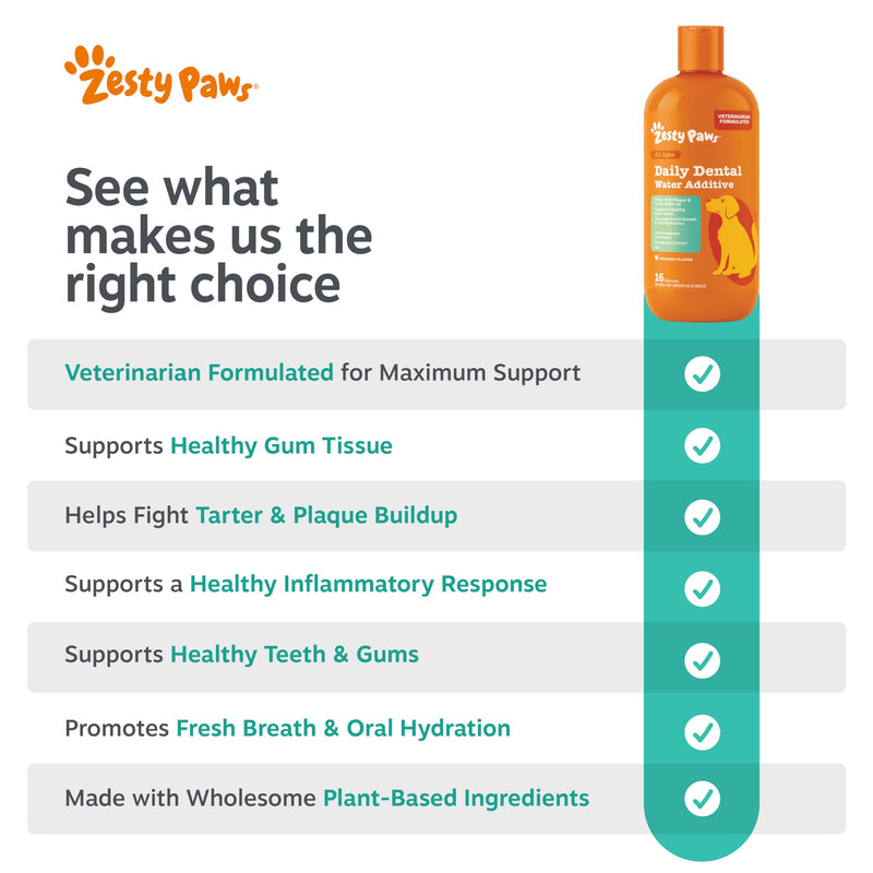Zesty Paws Dog Dental Water Additive - Dog Breath Freshener + Oral Care - Plaque & Tartar Control - for Teeth & Gum Health - Pomegranate, Green Tea, Aloe & Zinc Extract 16oz