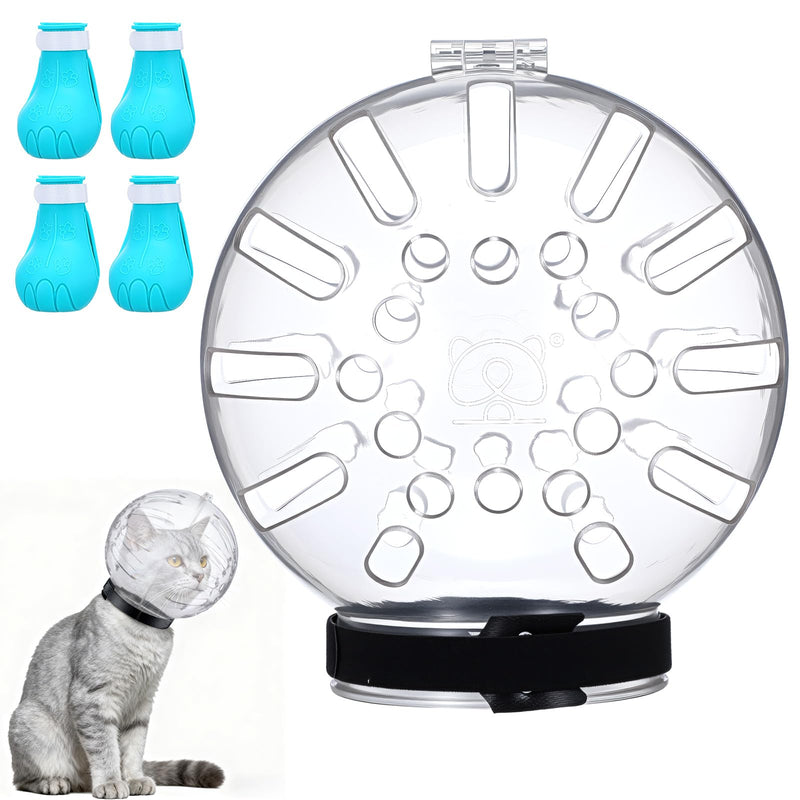 Cat Muzzle for Grooming Adjustable Hood with Paw Covers, Breathable Cats Helmet Anti Bite Muzzles Anti Scratch Boots Silicone Kitten Bubble Muzzle and Paw Protector for Pet Bathing Cat Claw Care