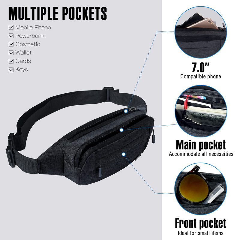 WATERFLY Fanny Pack Waist Bag: Small Hip Pouch Bum Bag Fannie Pack Phanny Fannypack Waistpack Bumbag Beltbag Sport Slim Fashionable for Jogging Hiking Hiker Woman Man Black