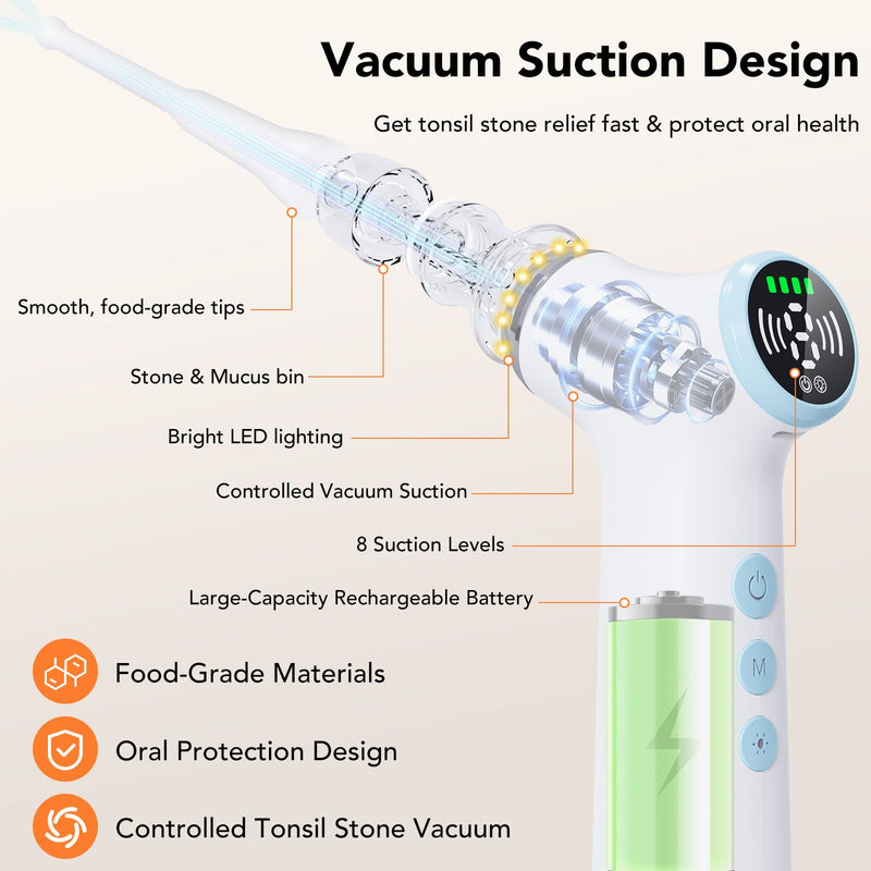 Electric Tonsil Stone Remover Vacuum – 8 Suction Levels with LED Light, Safety Pause Button & Oral Protection | High-Precision Tonsil Stone Removal Kit with 13 Attachments for Painless Cleaning White - BeesActive Australia