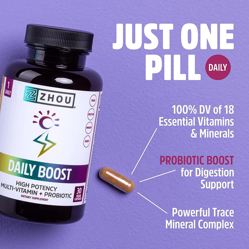 Zhou Daily Boost - Immune Support, Vitamin C - 30 Veggie Capsules | Probiotic Multivitamin for Women & Men, Antioxidant & Eye Health Supplement with Vitamin A, Biotin & Folate for Adults 60 Count (Pack of 1)