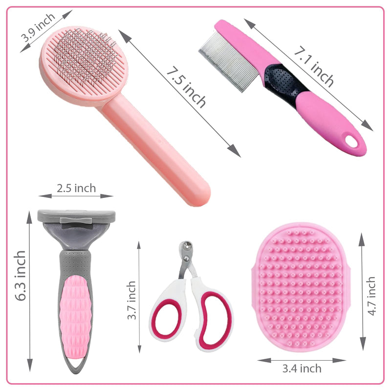 Cat Brush Shedding Kit 5pcs - Cat Brush for Shedding for Long Haired Cats, Cat Brushes for indoor Cats, Dog Brush Kit for Small Dogs, Cat Brush for Matted Fur Hair with Flea Comb Set Pink - BeesActive Australia