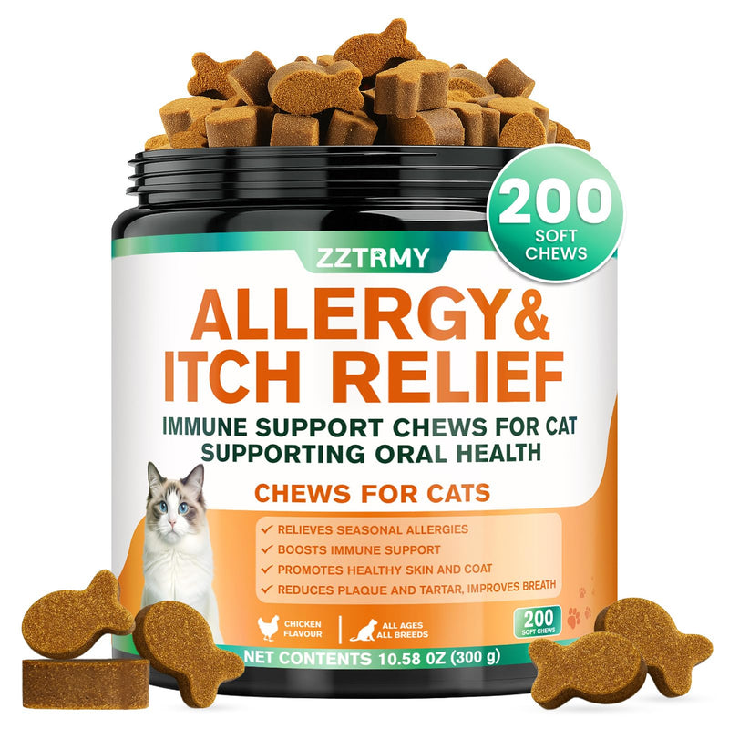 Cat Allergy Relief Chews,Itchy Skin,Paw Licking,Seasonal Allergies Relief, with Omega 3,Probiotics,Green Tea Extract,Boost Immunity,Skin Coat Health,Maintain Oral Health, Allergy Relief for Cat 200 pcs