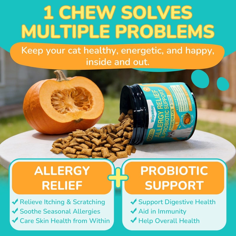 Woyamay Cat Allergy Relief for Cats with Probiotics, 500 Crunchy Cat Probiotic & Allergy Chews, Cat Allergy Treats to Stop Itching & Scratching, Probiotics for Cats Support Gut Health, Chicken Flavor
