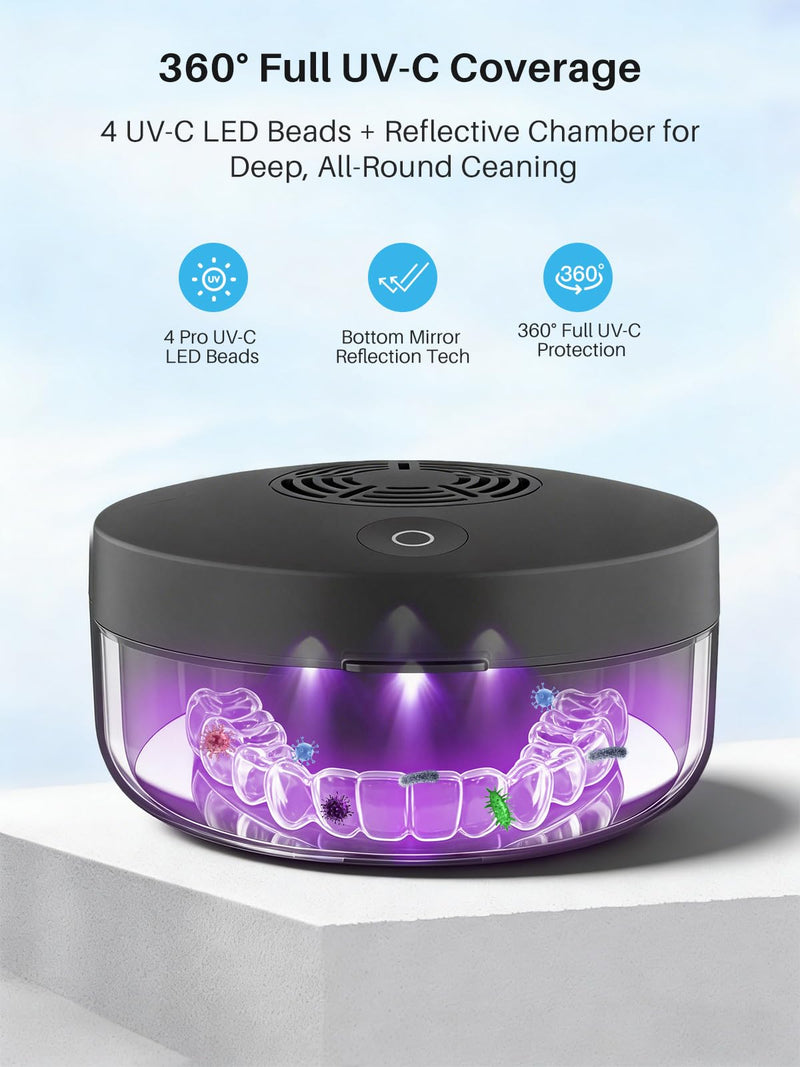 Voraiya UV Retainer Case with Fan, UVC Retainer Cleaner, Aligner Case Includes Vent Holes and Mirror, Portable Retainer Holder Box for Mouth Guard, Aligners, Night Guard, Black