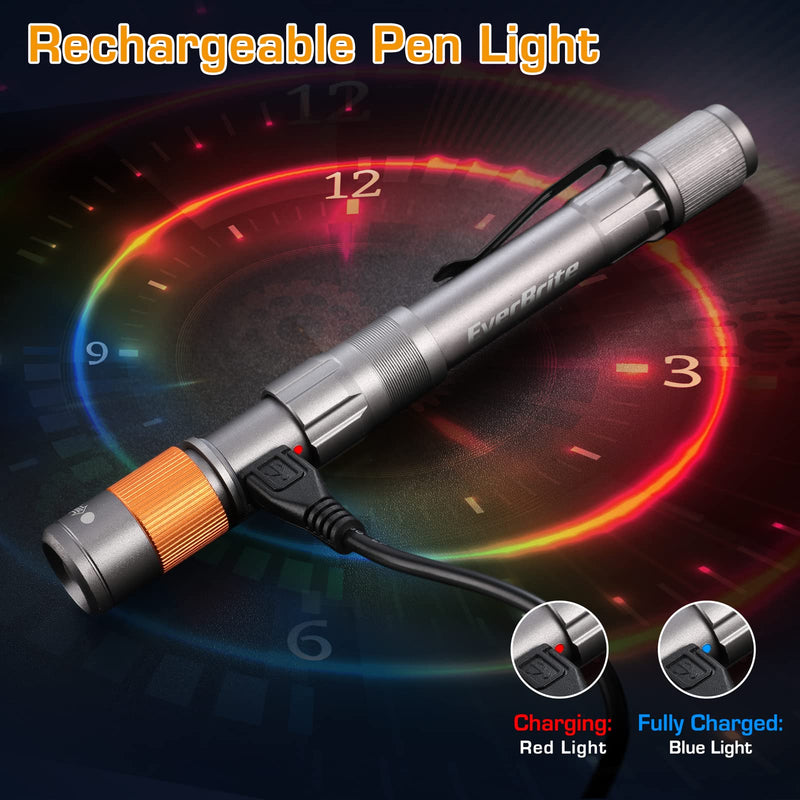 EverBrite 2 Pack Rechargeable Hat Light + Rechargeable Pen Light, 4 Lighting Modes, Zoomable